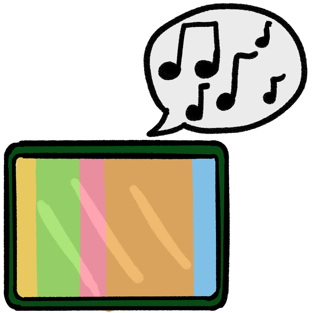 in the bottom left an AAC device with a green case with a speech bubble coming out in the top right with various music notes inside